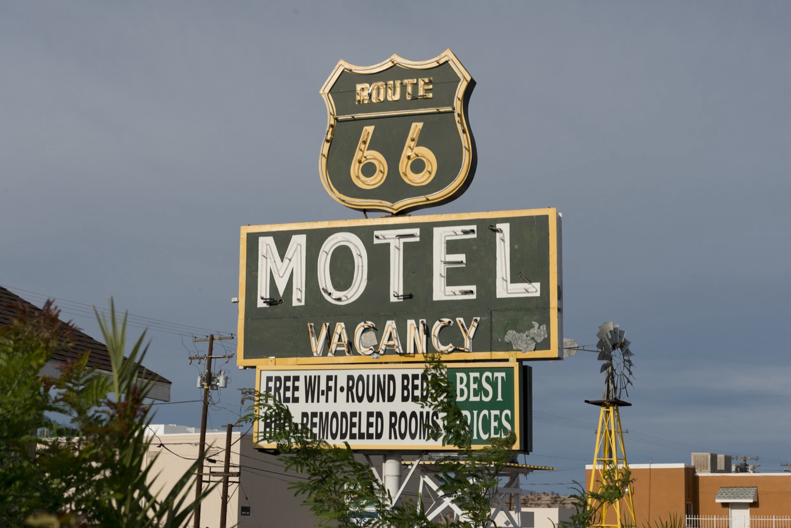 Route 66 shield neon sign of the Route 66 Motel in Barstow, California, advertising round beds
