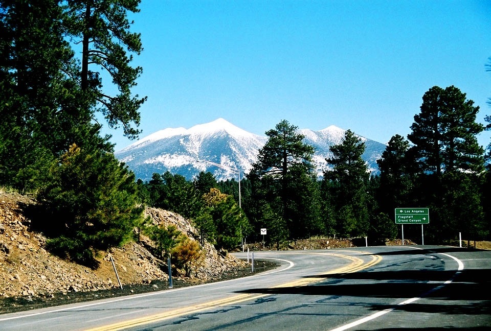 Two-lane road curving through ponderosa pines toward the snow-covered San Francisco Peaks near Flagstaff, Arizona