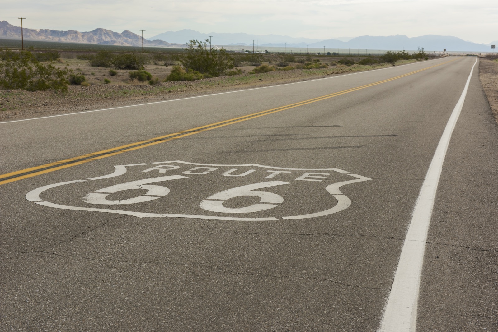 Route 66 shield painted on the asphalt of a straight two-lane desert road, with creosote bushes and bare mountains in the distance