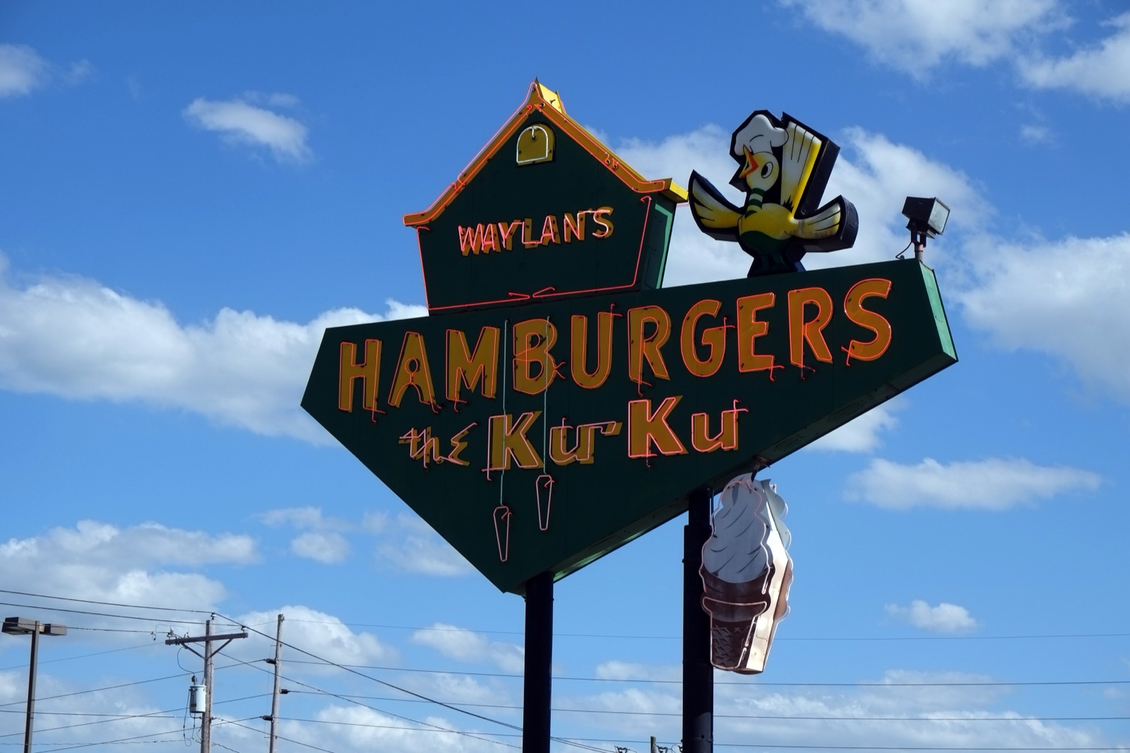 Neon sign of Waylan's Ku-Ku Burger in Miami, Oklahoma, with a cuckoo bird and a soft-serve cone