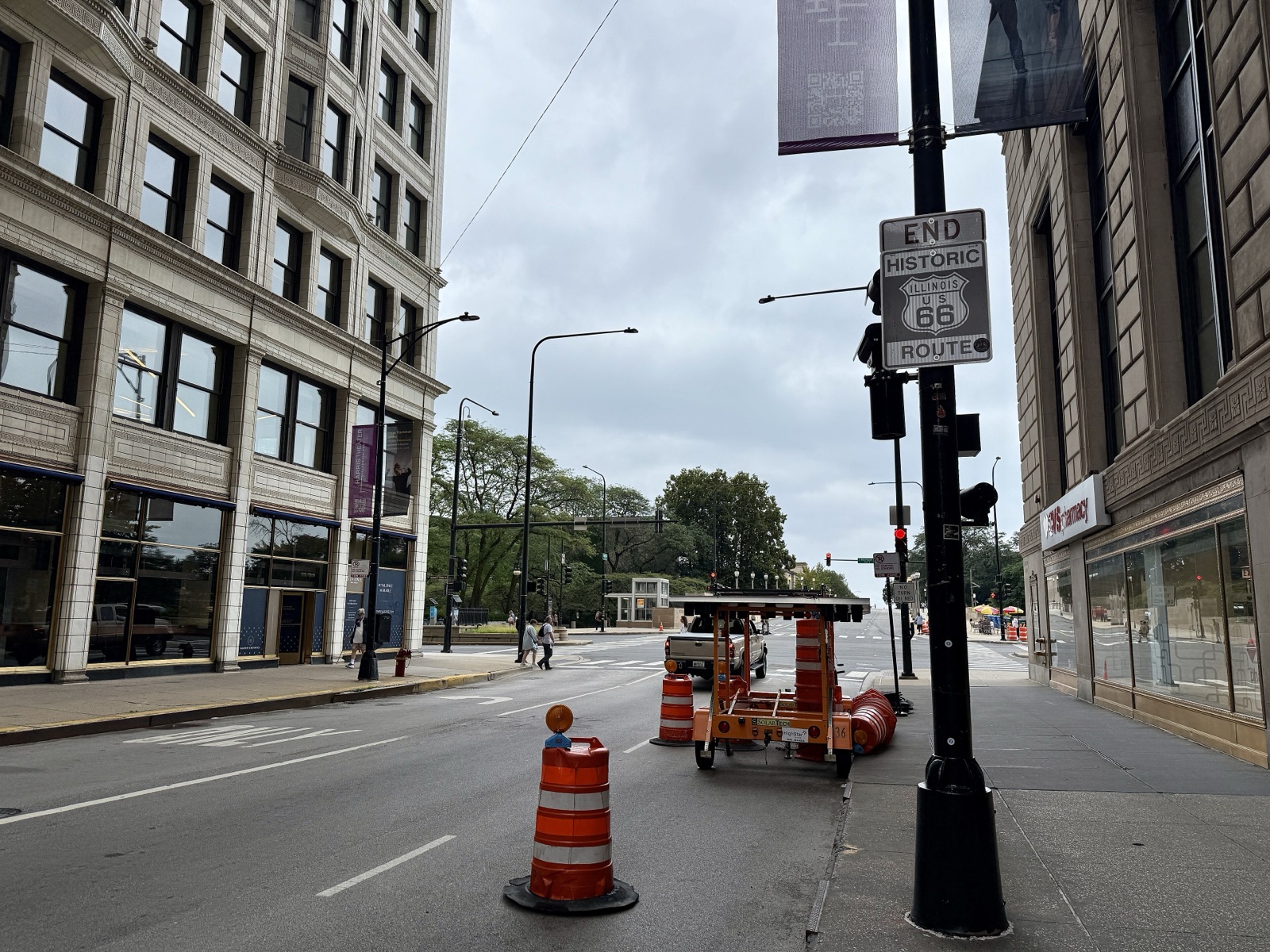 End Historic Route 66 sign on a pole on eastbound Jackson Boulevard approaching Michigan Avenue in Chicago